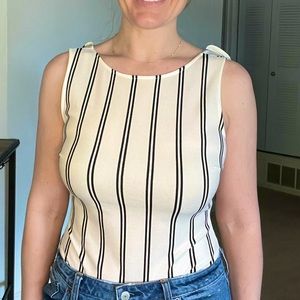 Medium Lulus bodysuit, white with black stripes, ruffle/ open back